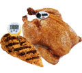 Photograph of a whole turkey and a chicken breast with a thermometer in them.