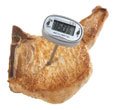 Photograph of a pork chop with a thermometer in it.